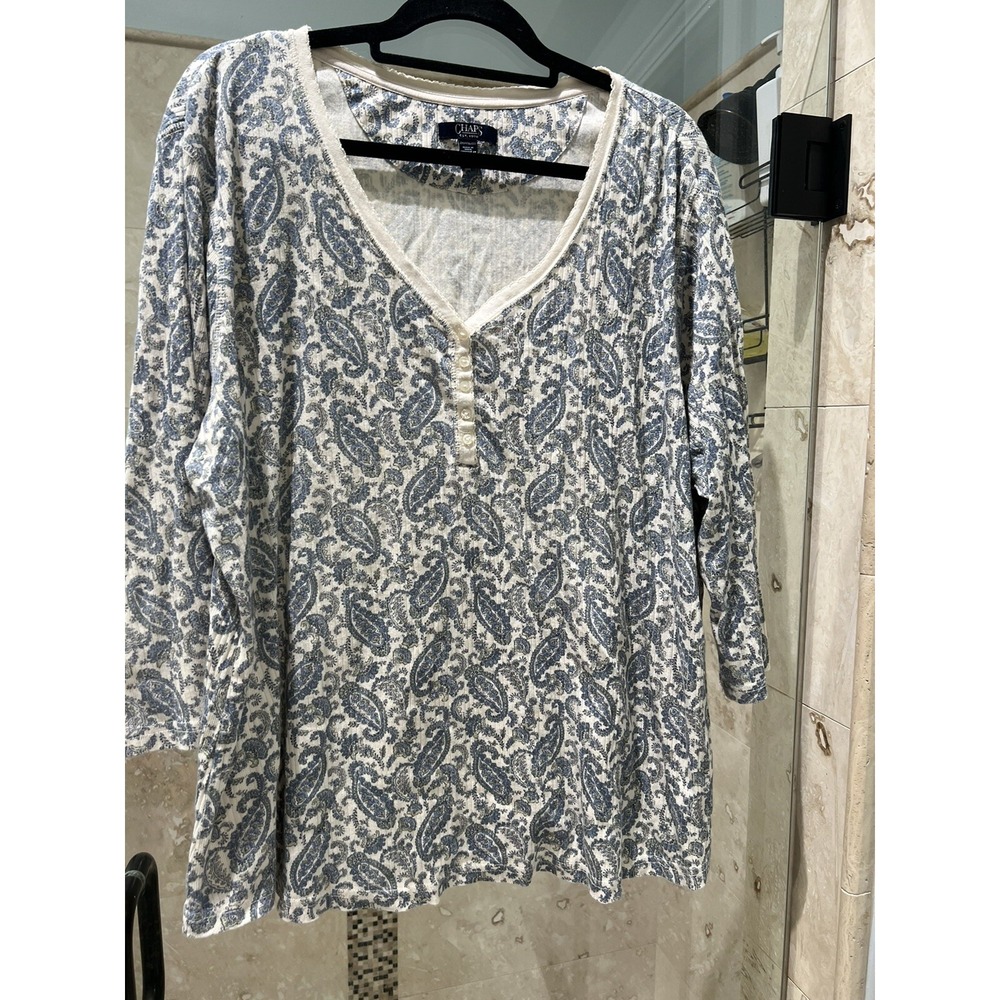 Chaps Womens 2X Blue Ivory Batik Paisley Long Sleeve Henley Thermal Top